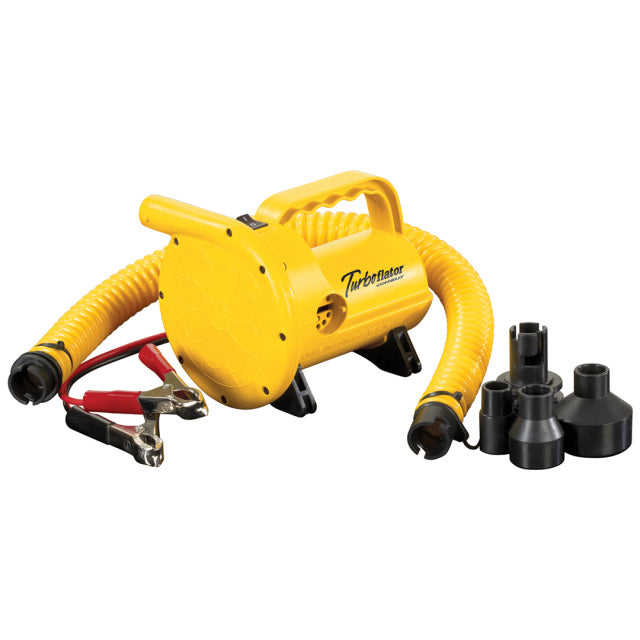 12V Turboflator pump in yellow with a flexible hose, battery clips, and multiple nozzle attachments for inflating towables.