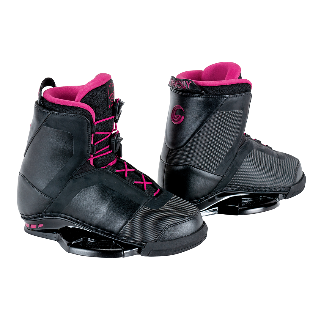 2021 Ember wakeboard bindings in black with pink accents, featuring supportive high-top design and secure lacing system.