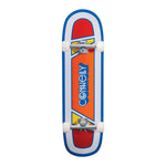 Bottom view of the Limited Edition Retro Skateboard with a orange, blue, and red logo graphic, white wheels, and trucks.