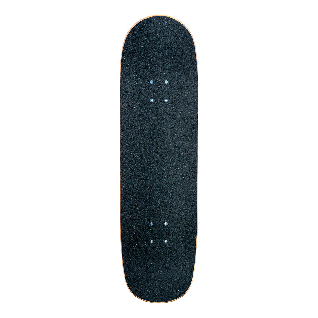 Top view showing black grip tape covering the entire skateboard deck with pre-drilled holes for trucks and hardware.