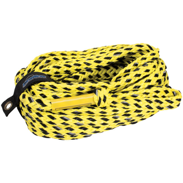 Coiled 6-rider safety tube rope in yellow with black accents, secured with black Proline-branded strap.