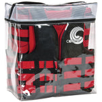 Pack of four adjustable neoprene life vests in black and red, stored in a clear zippered carrying case with logo.