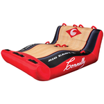 Big Easy 2 inflatable towable tube in red and black with a woodgrain design and multiple handles for grip.