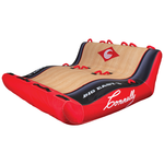 Big Easy 3 towable tube in red, black, and woodgrain design featuring multiple grab handles and a contoured seat shape.