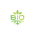 Bio logo in green with stylized leaves and roots forming the letters, representing an eco-friendly design.