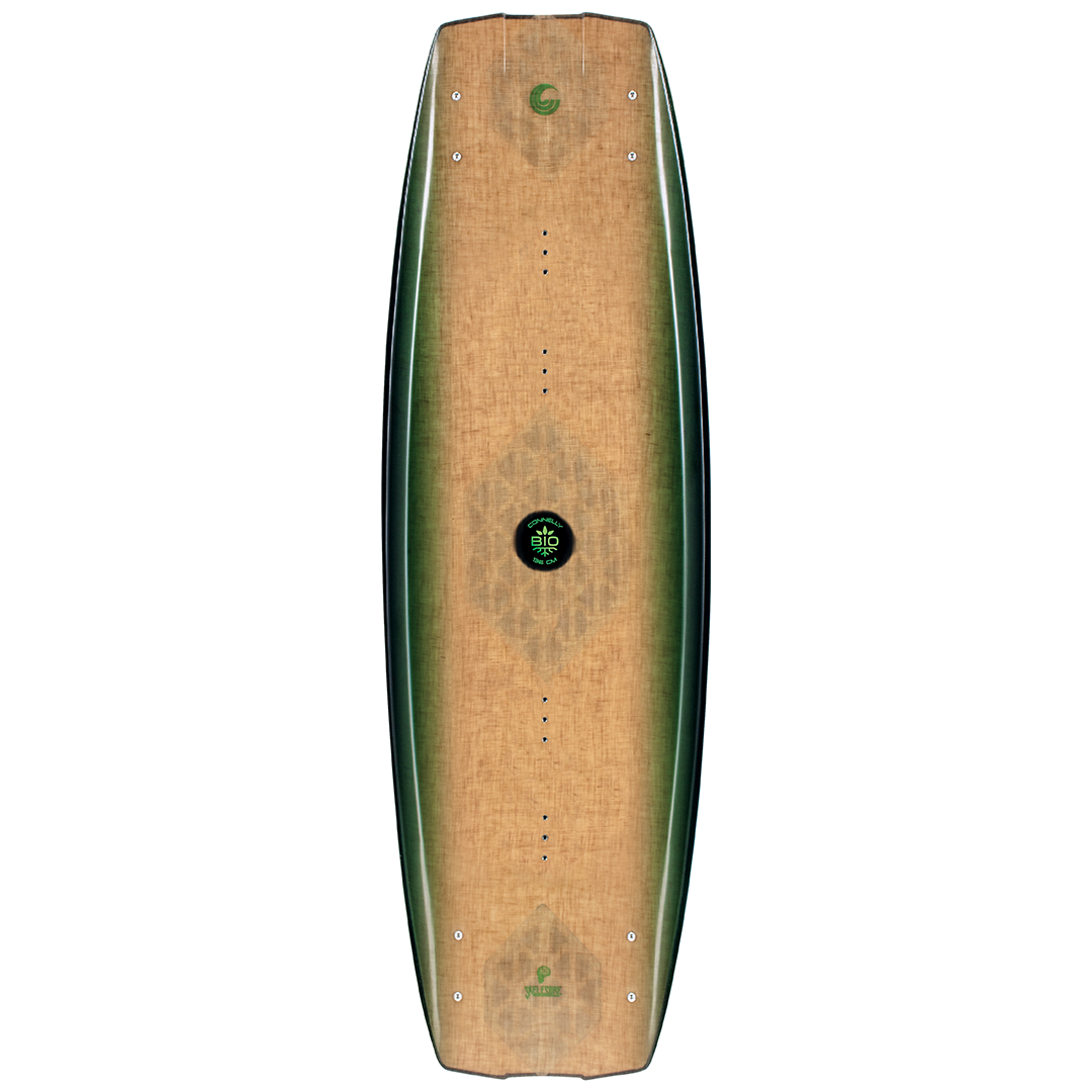 Bio wakeboard top view highlighting the natural wood grain design with green accents and an embossed eco-friendly logo.