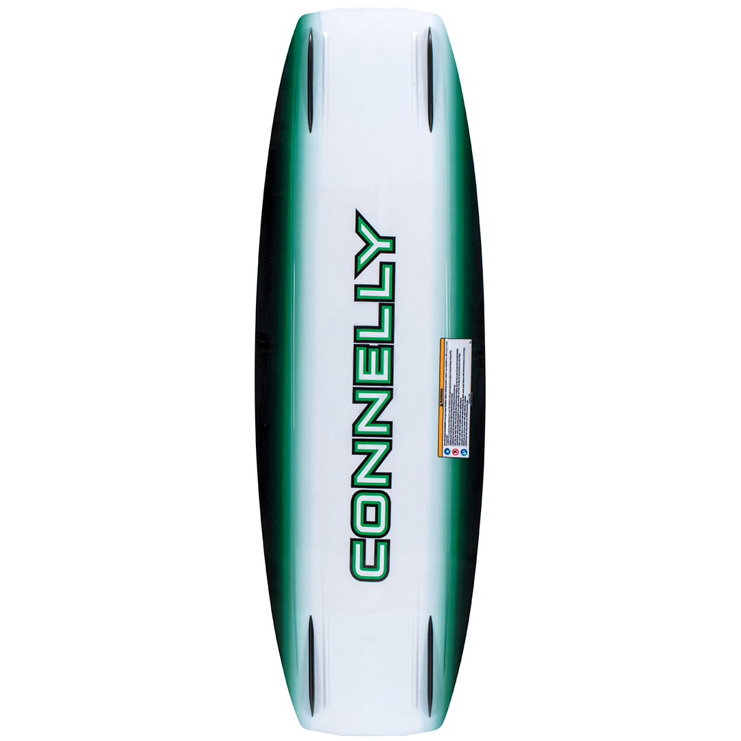 Bio wakeboard base view with a green and white gradient, featuring the Connelly logo and fin placements.