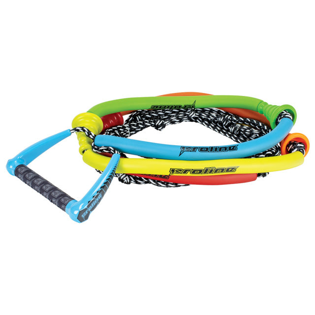 Proline Tug Surf Rope with a black braided mainline and multicolor foam grips in blue, yellow, red, and green.