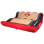 Big Easy 4 towable tube with a red and black design, cushioned backrest, and multiple grab handles for four riders.