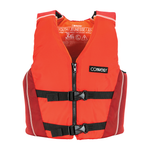 Front view of the Youth Fusion Nylon vest in red and orange with black buckles and red side panels.