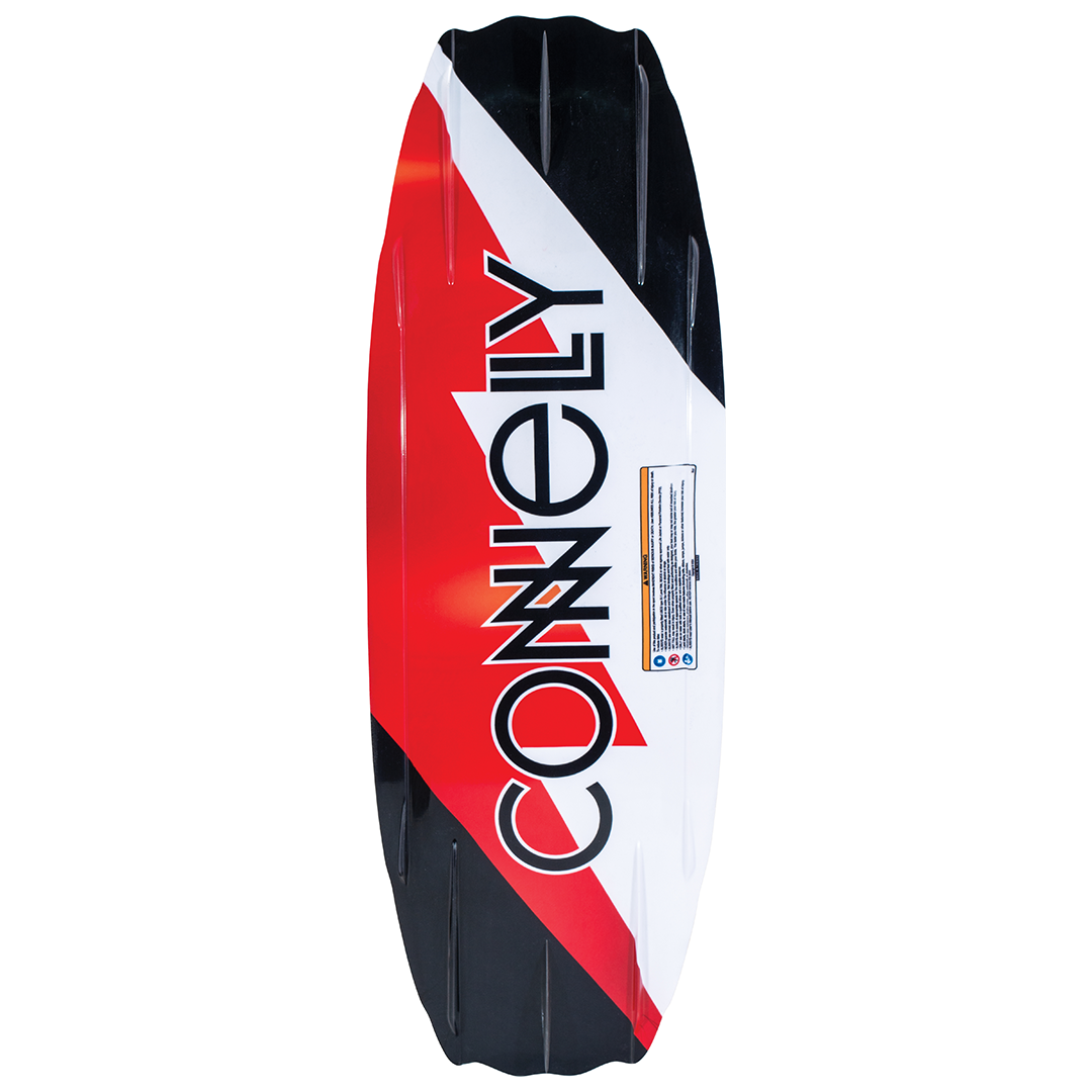 Base of the 2024 Charger Kids' Wakeboard with a sleek red and white Connelly logo over a dynamic geometric pattern.