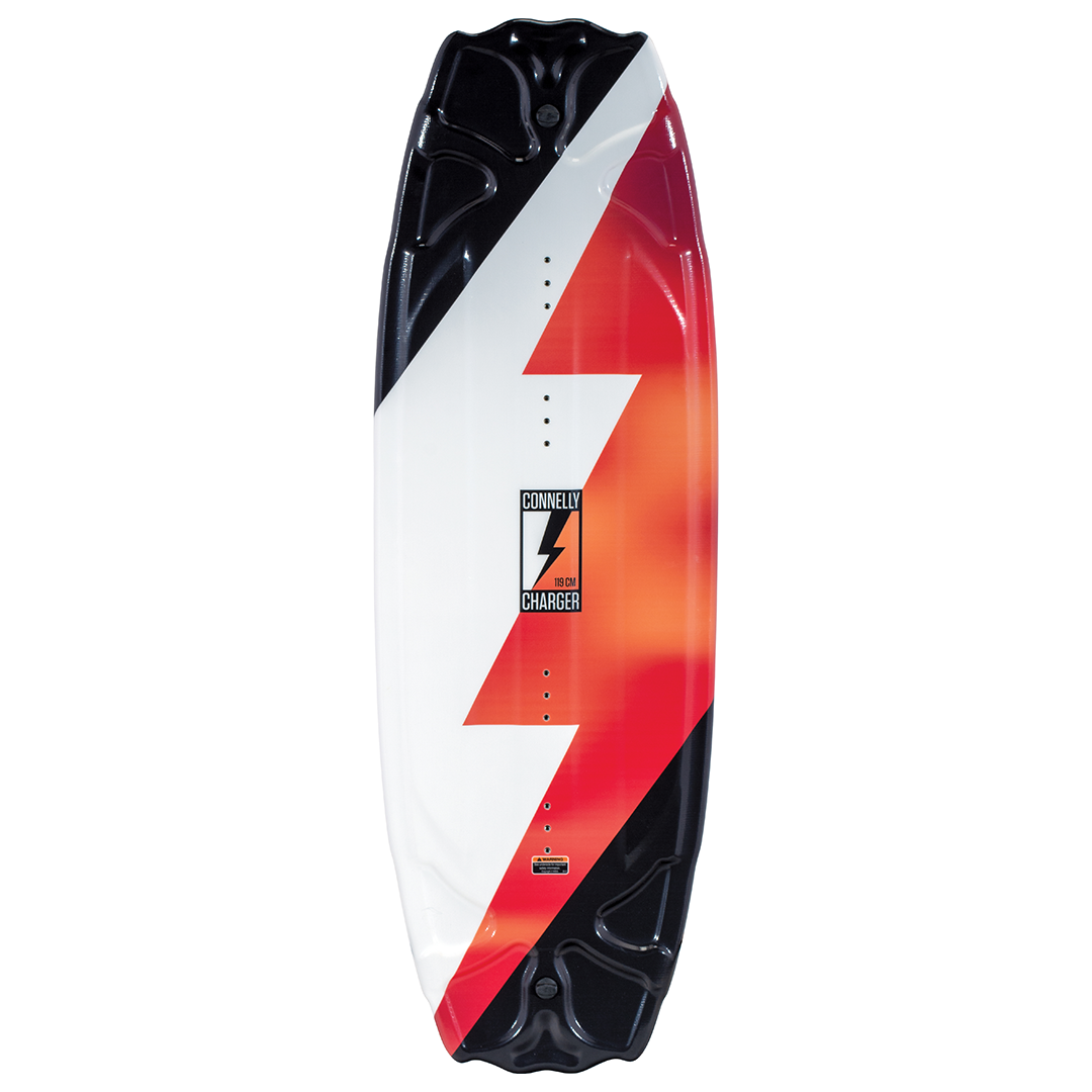 Top view of the 2024 Charger Kids' Wakeboard featuring a bold lightning bolt design in red, black, and white.