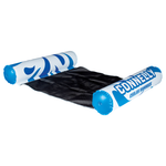 Chilax Hammock inflatable water lounge with blue and white buoyant sides and a black mesh center.