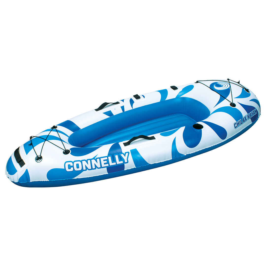 Side view of the Chilax Kayak inflatable blue and white kayak with a contoured seat, bungee cords, and reinforced handles.