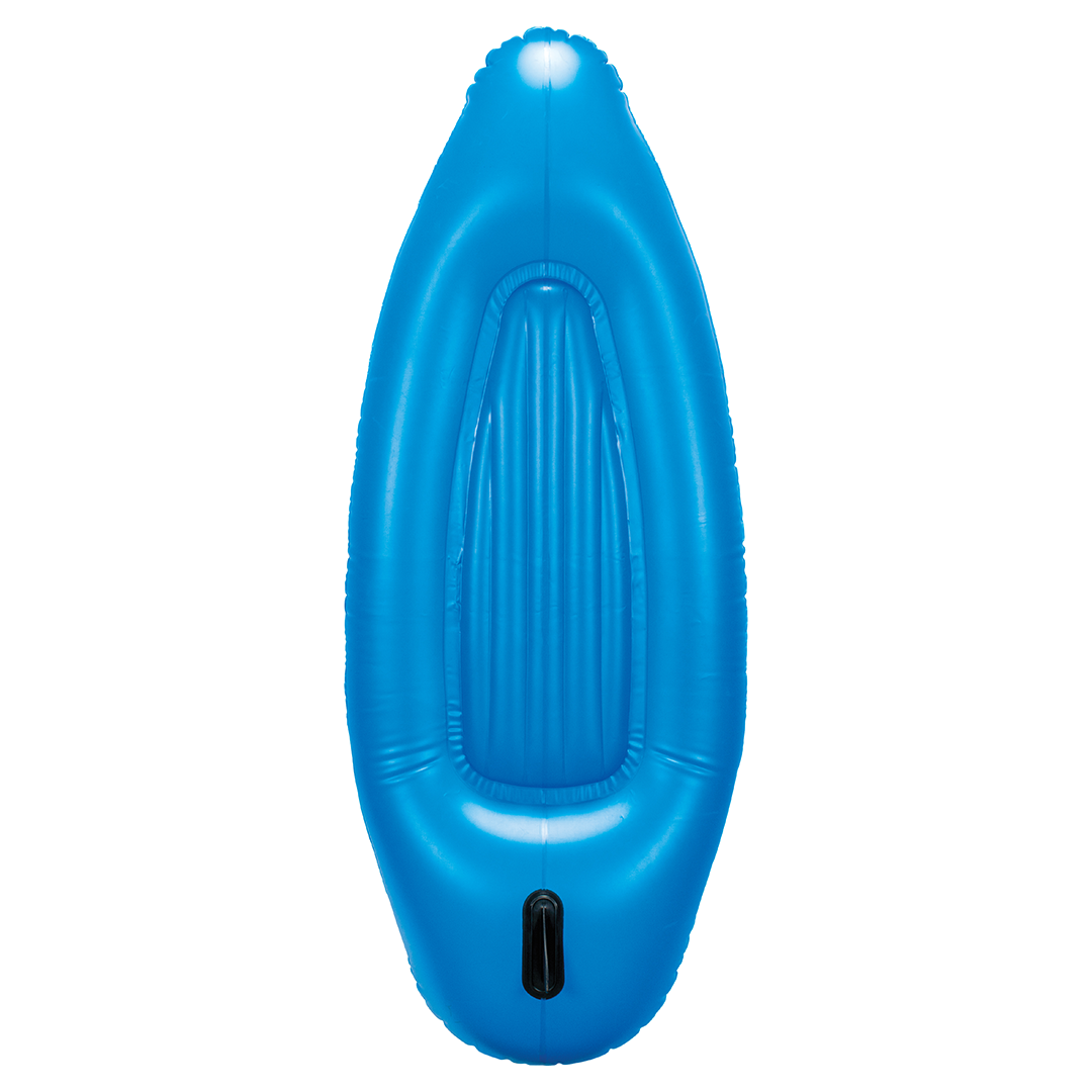 Bottom view of the Chilax Kayak, featuring a solid blue inflatable design with a streamlined shape for smooth water gliding.