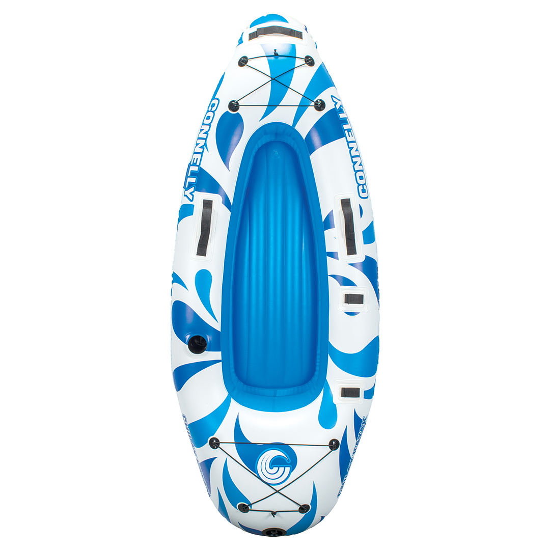 Top view of the Chilax Kayak, with a blue and white pattern, open seating area, bungee storage, and multiple grab handles.