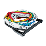 Coiled water ski rope with a black handle and multicolored sections for adjustable lengths.