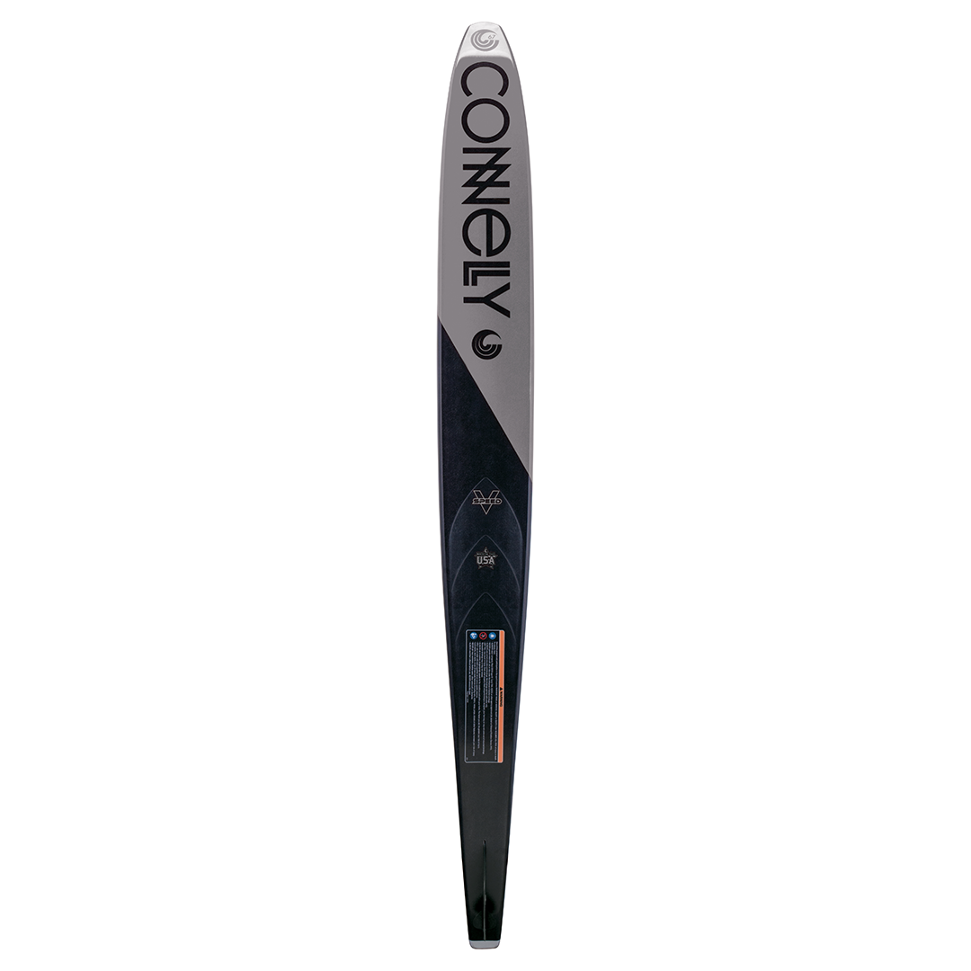 The base of the Connelly 2023 DV8 ski, displaying a carbon-fiber-inspired finish and performance-enhancing contours.