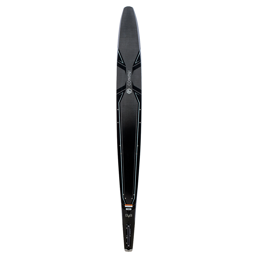 The top side of the Connelly 2023 DV8 ski, featuring a sleek black and gray design with the Connelly logo and model details.