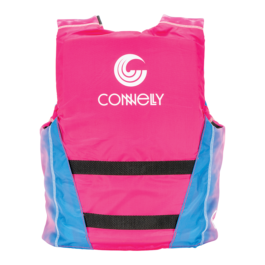 Back view of the Youth Fusion Nylon vest in pink and blue with a white Connelly logo on the back.