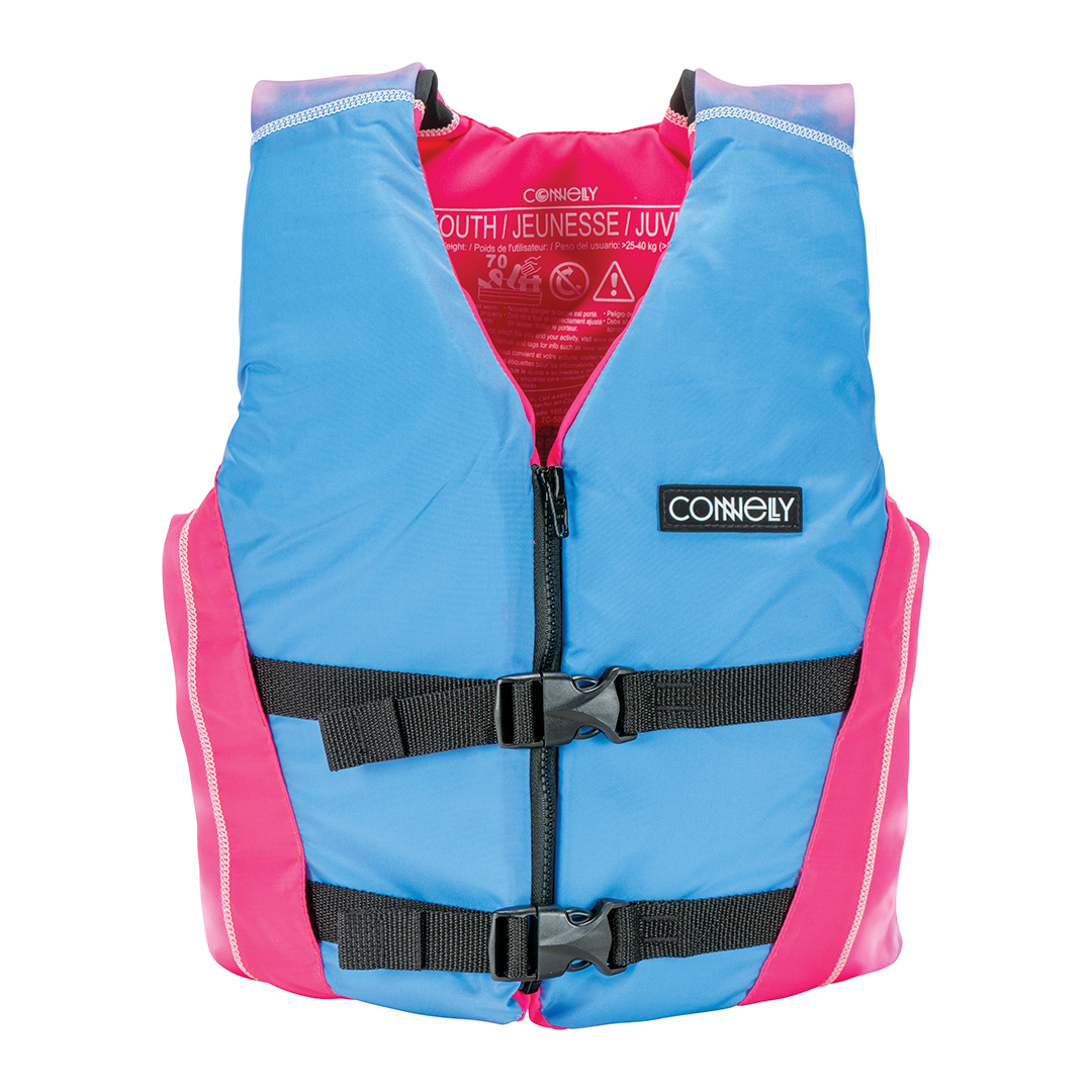 Front view of the Youth Fusion Nylon vest in pink and blue with black buckles and pink side panels.