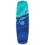 Top view of the 2024 Groove wakeboard, featuring a sleek marbled blue design with wavy teal accents.