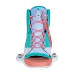 Front view of the 2024 Karma binding with an open-toe design and coral laces against a white and teal upper.