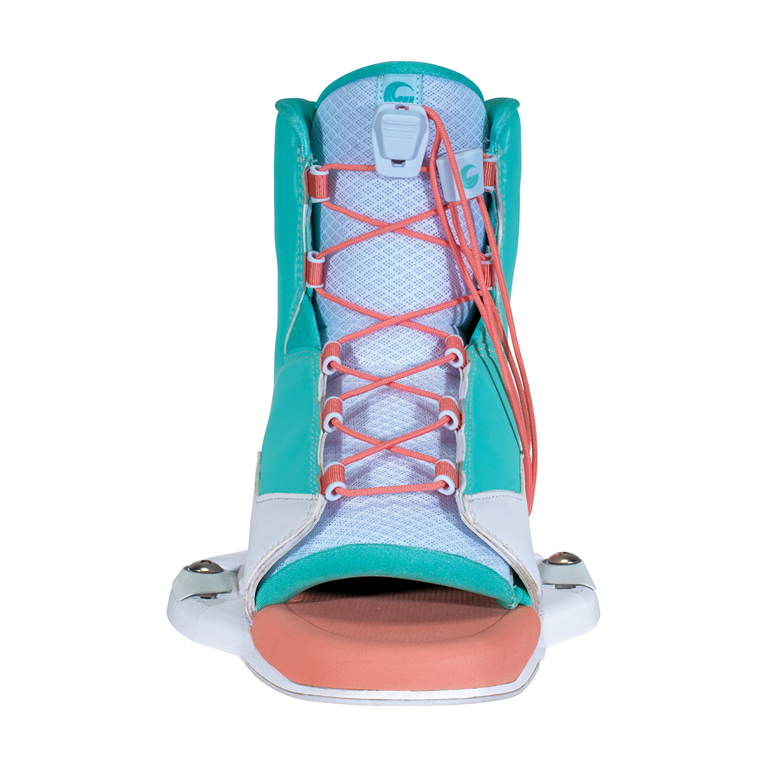 Front view of the 2024 Karma binding with an open-toe design and coral laces against a white and teal upper.