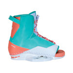 Side view of the 2024 Karma wakeboard binding, featuring a bold teal, coral, and white color scheme.