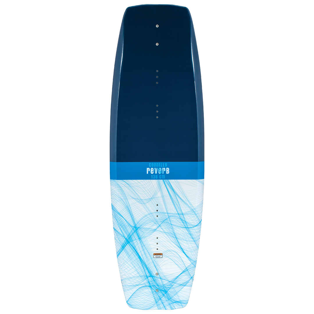 Top side of the 2023 Reverb Wakeboard with a deep blue top, transitioning into a white base with blue wave-like graphics.