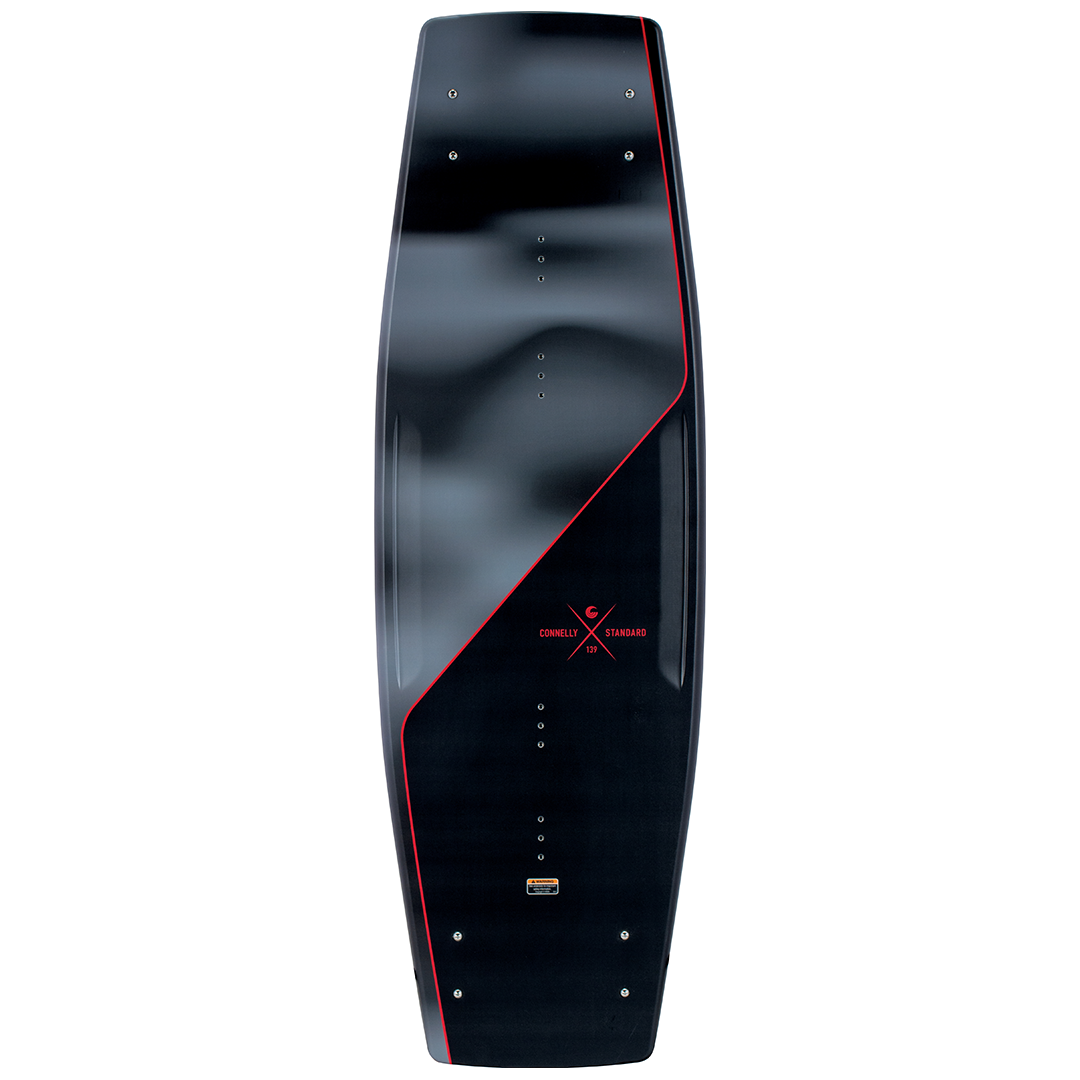 2023 Standard wakeboard top view, featuring a sleek black design with red accents and logo for high-performance riding.