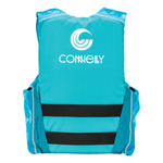 Back view of the Women's Fusion Nylon vest in bright blue with a black back panel and a large Connelly logo.