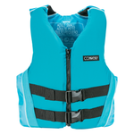 Front view of the Women's Fusion Nylon vest in bright blue with black buckles and straps, featuring a front zipper.