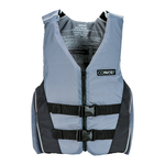 Front view of the Fusion Nylon vest in gray and black with two adjustable buckles and a zippered closure.