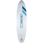 Bottom view of the Classic SUP in white with blue chevron accents, a center logo, and a single fin.