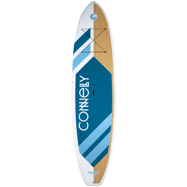 Top view of the Classic SUP featuring a woodgrain finish, blue accents, deck bungees, and a balanced shape.