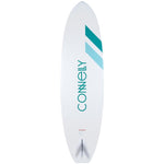 Bottom view of the Classic SUP in white with teal chevron accents, a center logo, and a single fin.