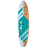 Top view of the Classic SUP with a woodgrain finish, teal accents, bungee storage, and a stable design.