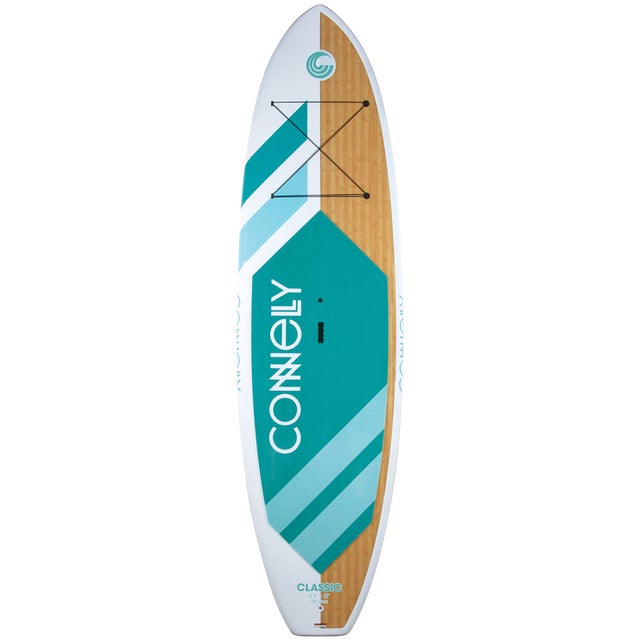 Top view of the Classic SUP with a woodgrain finish, teal accents, bungee storage, and a stable design.