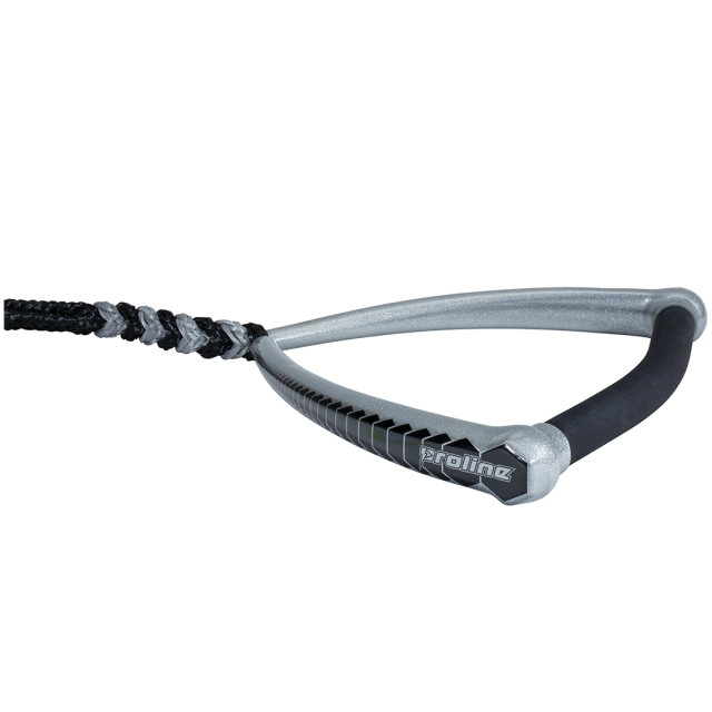 2022 Proline Classic radius waterski handle in silver and black with an ergonomic curve and textured grip for control.