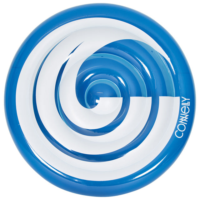 Top View of the round inflatable Wave Float with a blue and white spiral pattern and glossy finish.