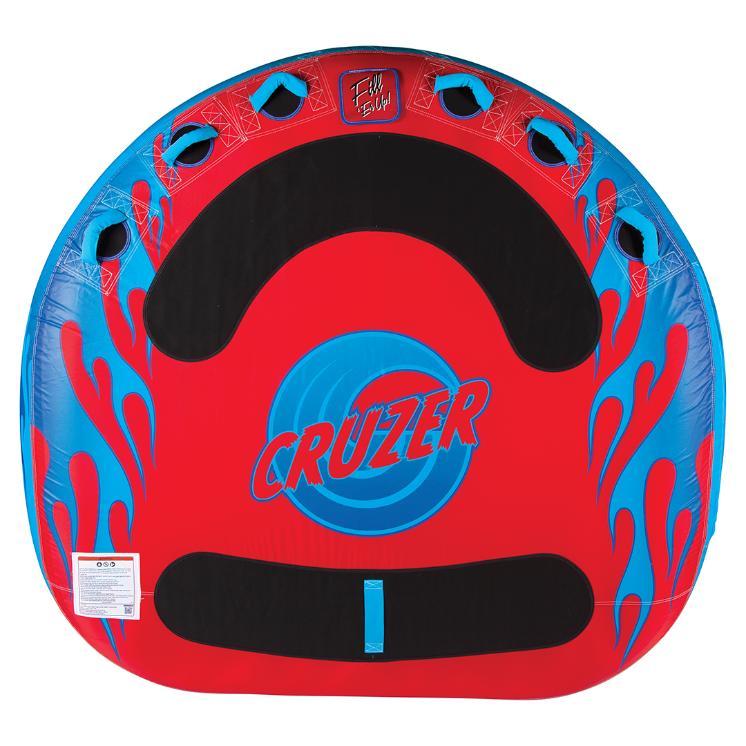 Cruzer towable tube with a bold red and blue design, flame graphics, black padded seating, and multiple hand grips.