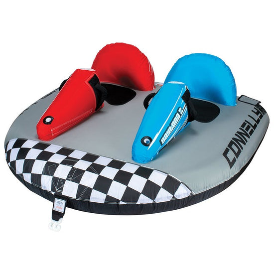 Daytona 2 towable tube with a gray base, checkered pattern, and two inflatable red and blue seats shaped like motorcycles.