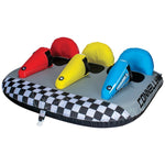 Daytona 3 towable tube with three race-style seats in red, yellow, and blue, plus a checkered front panel.