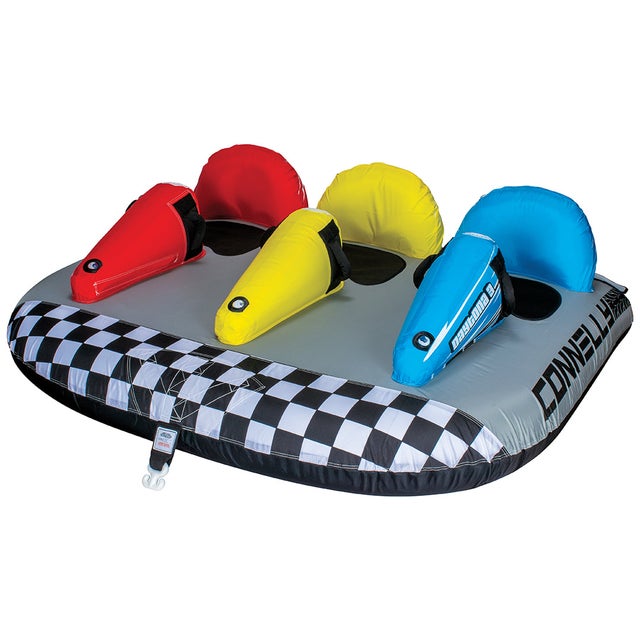 Daytona 3 towable tube with three race-style seats in red, yellow, and blue, plus a checkered front panel.