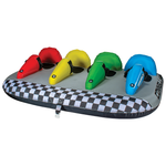 Daytona 4 towable tube with four race-style seats in red, yellow, green, and blue, plus a checkered front panel.