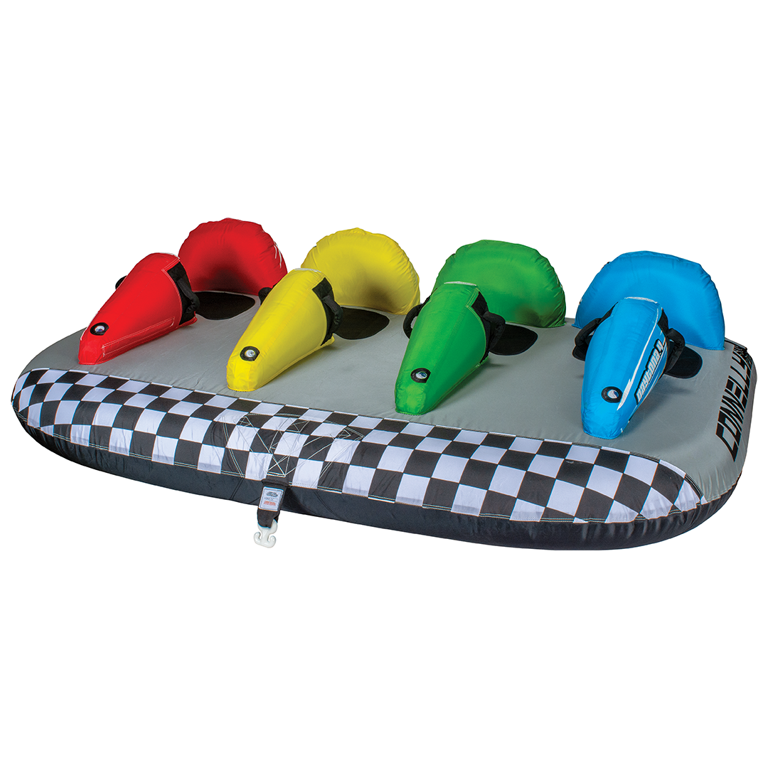 Daytona 4 towable tube with four race-style seats in red, yellow, green, and blue, plus a checkered front panel.