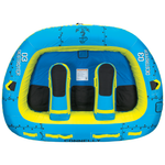 Front view of the Destroyer 3, a blue and yellow three-person towable tube with padded backrests, dividers, and handles.