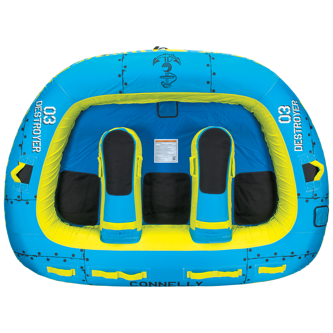 Front view of the Destroyer 3, a blue and yellow three-person towable tube with padded backrests, dividers, and handles.