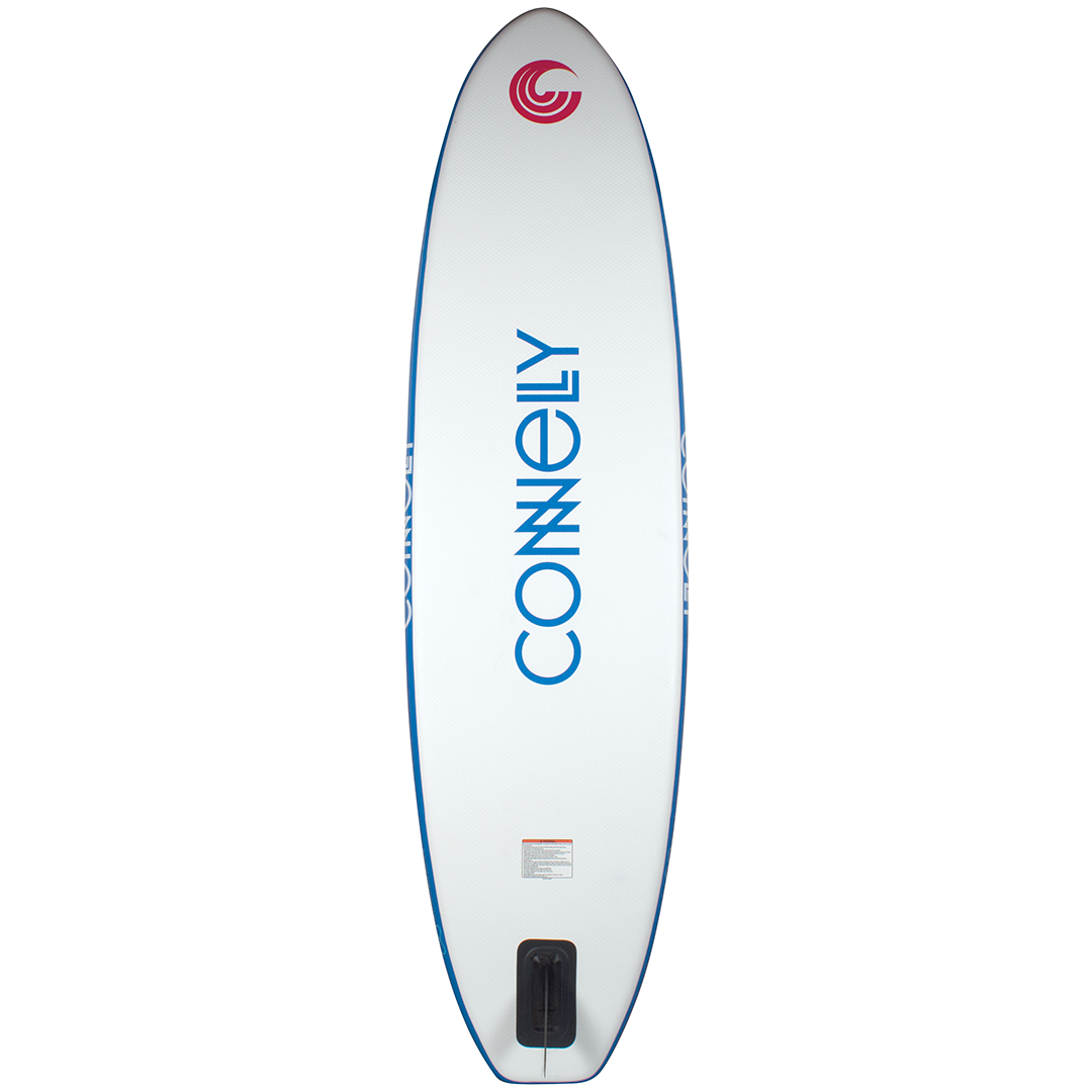 Bottom view of the Drifter iSUP, a white inflatable paddleboard with blue edges, a center fin, and branding.